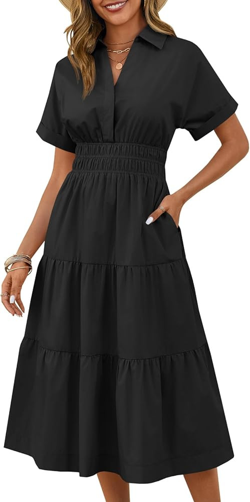 Wenrine Womens Summer Short Sleeve Maxi Dresses Casual V Neck Smocked Loose Tiered Flowy Shirt Dr... | Amazon (US)