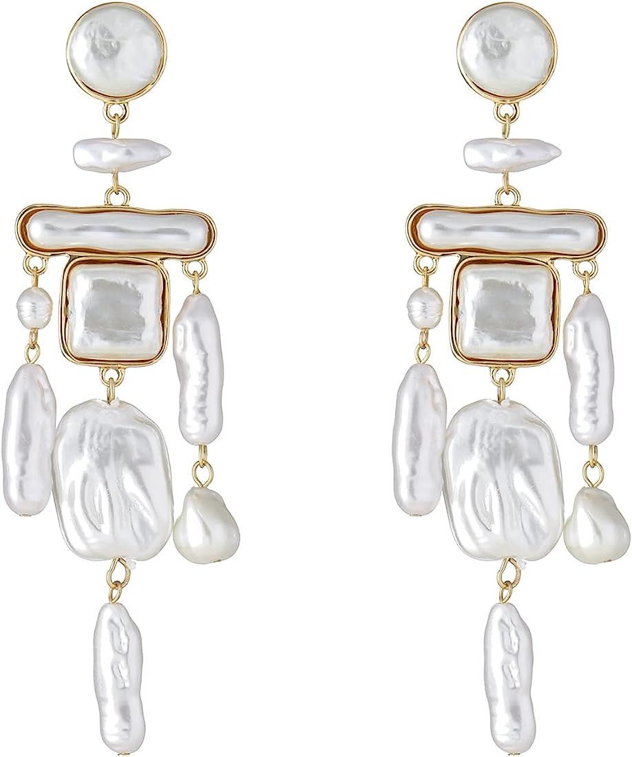 Statement Pearl Dangle Earring Luxury Chandelier Earring Gold and Pearl Earring Organic Style Ear... | Amazon (US)