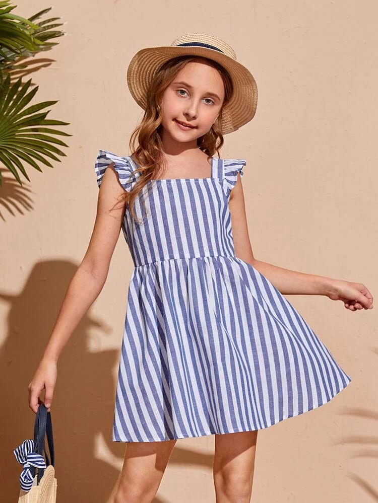 SHEIN Girls Striped Print Ruffle Trim Dress | SHEIN