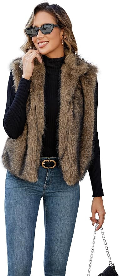 Womens Faux Fur Vest Stand Collar Sleeveless Open Front Cardigan Top Fuzzy Coats Jacket Fluffy Ou... | Amazon (US)