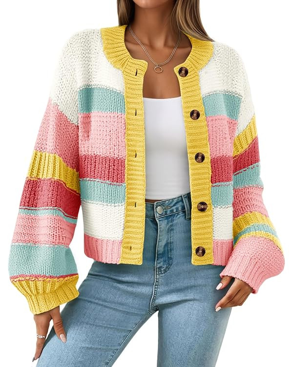 Saodimallsu Womens Striped Chunky Cardigan Sweaters Button Up Fall Trendy Color Block Long Sleeve... | Amazon (US)