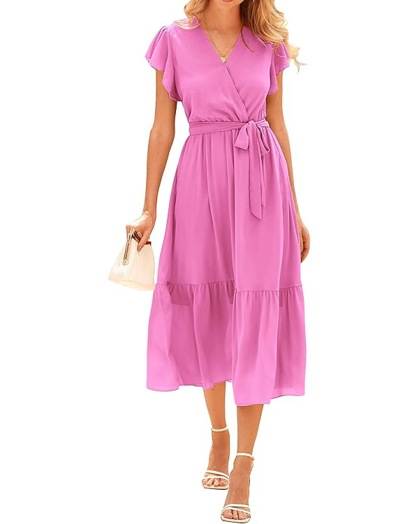 BTFBM Women Summer Bohemian Floral Casual Wrap V Neck Ruffle Cap Sleeveless Belt A-Line Pleated H... | Amazon (US)