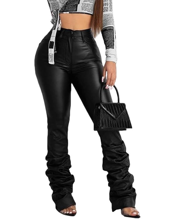 GUOLEZEEV PU Solid Middle High Waist Stacked Pants for Women Faux Leather Ruffle Ruched Bottom Le... | Amazon (US)