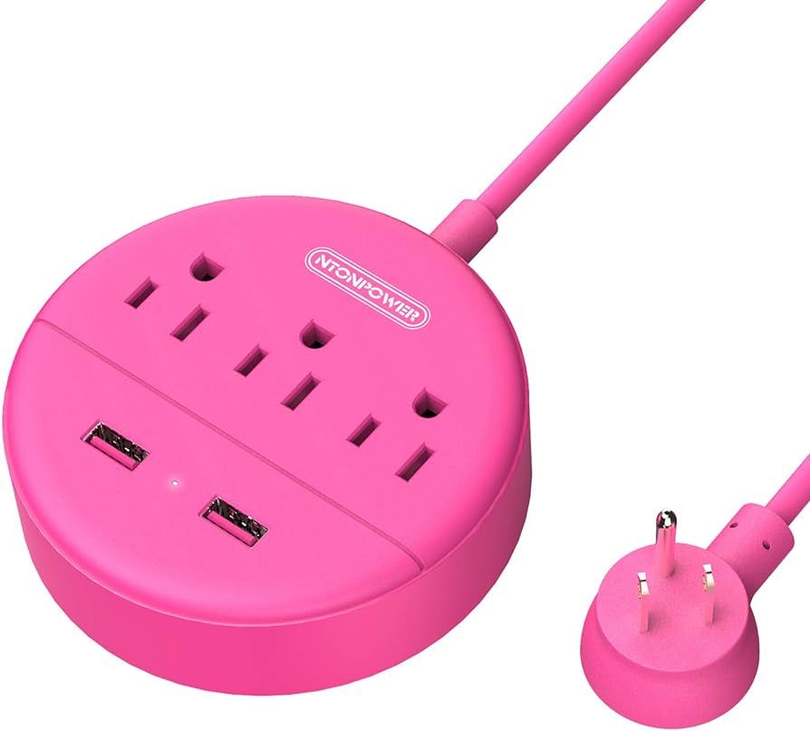 Pink Power Strip with USB Ports, NTONPOWER Travel Power Strip Flat Plug, 3 Outlets 2 USB Desktop ... | Amazon (US)