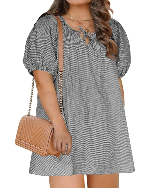 Beautife Women's Plus Size Dress Short Puff Sleeve Scoop Neck Gingham Plaid Short Cotton Babydoll... | Amazon (US)