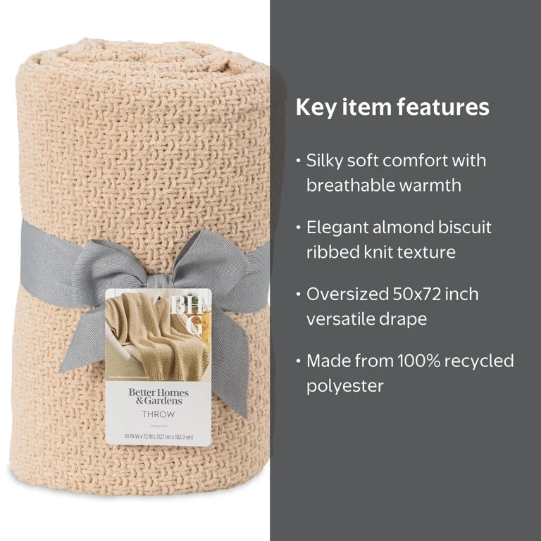 Better Homes & Gardens Chenille Knit Oversized Throw Blanket, Almond Biscuit | Walmart (US)