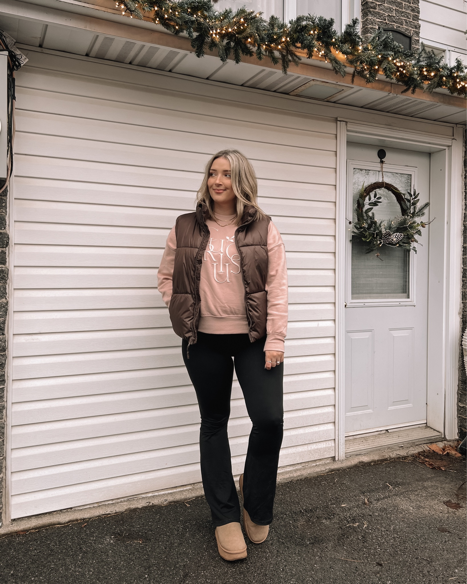 Comfy winter outfit - pink graphic sweatshirt (so cute for Valentine’s Day too!), black flare leggings, brown puffer vest, ugg inspired platform slippers



#LTKSeasonal #LTKmidsize #LTKstyletip