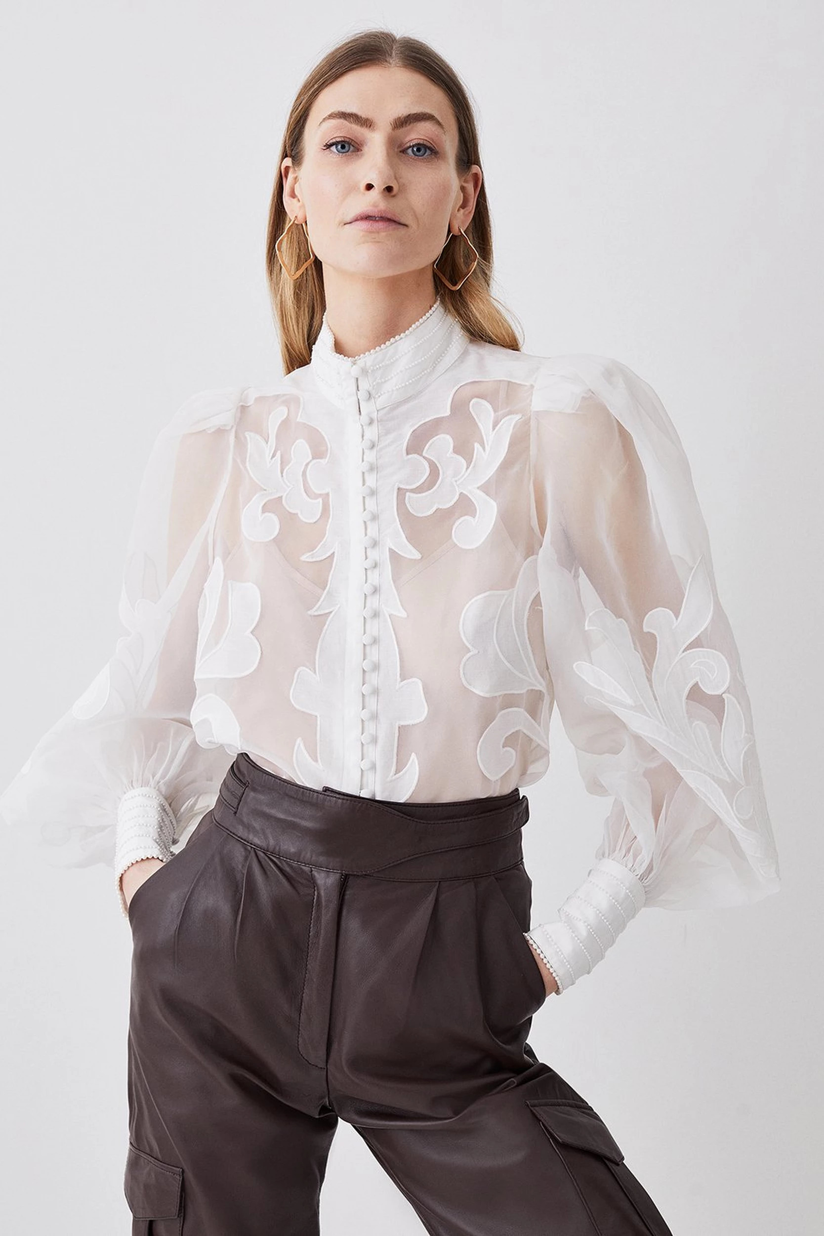 Organdie Applique Buttoned Woven Blouse | Karen Millen US