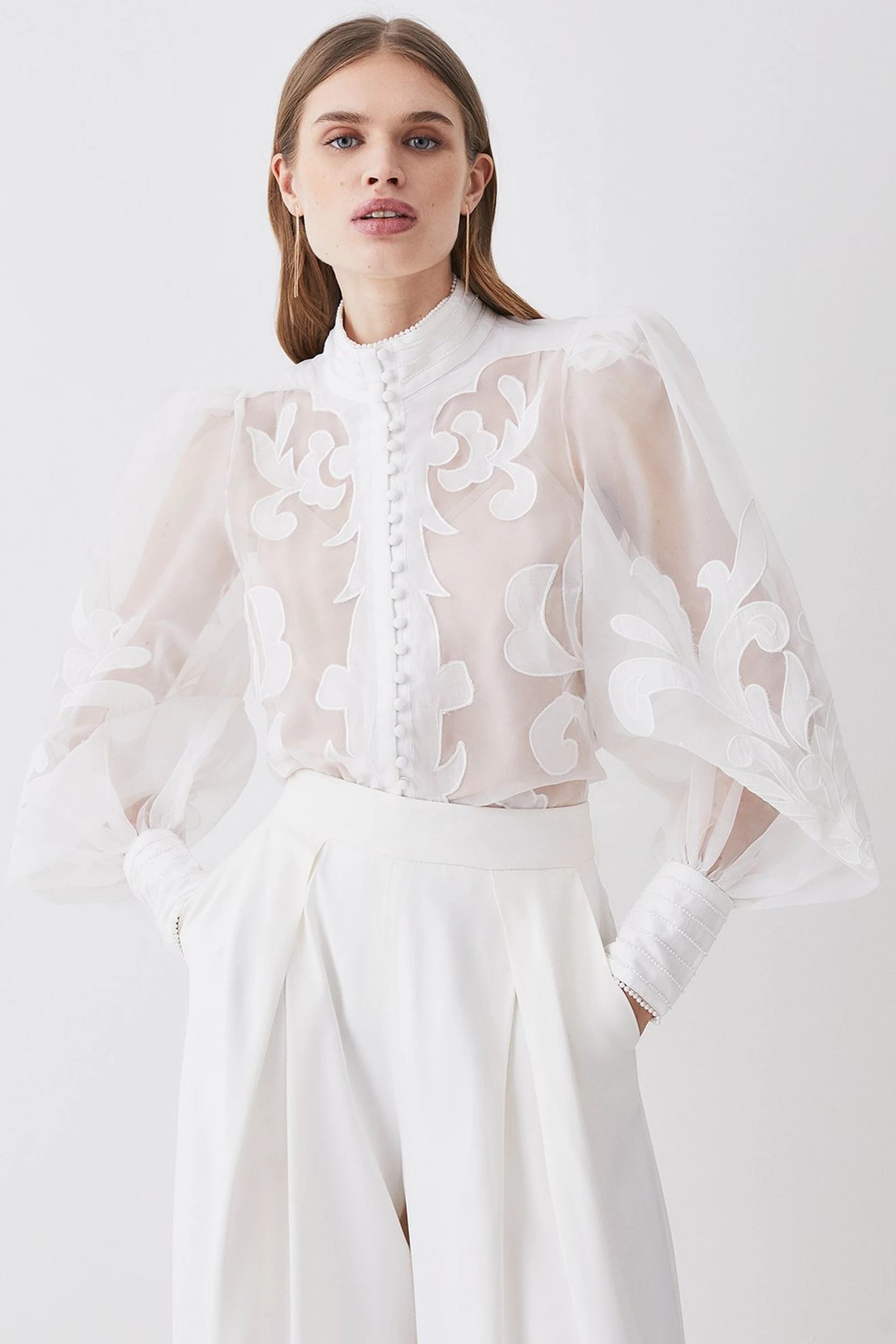 Organdie Applique Buttoned Woven Blouse | Karen Millen US