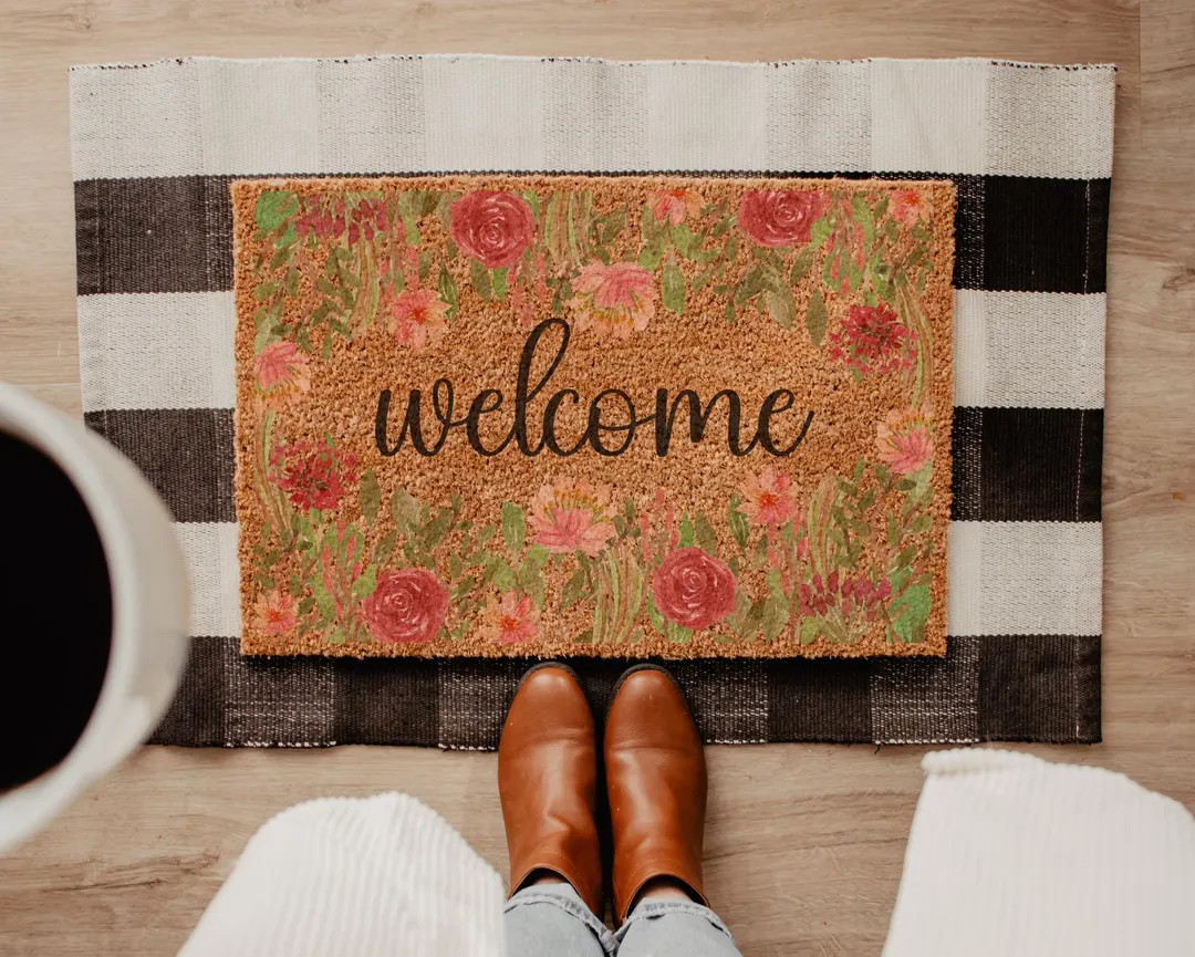 Floral Welcome Doormat, Housewarming Gift, Spring Front Door Mat, Coir Doormat, Cute Spring Porch... | Etsy (US)