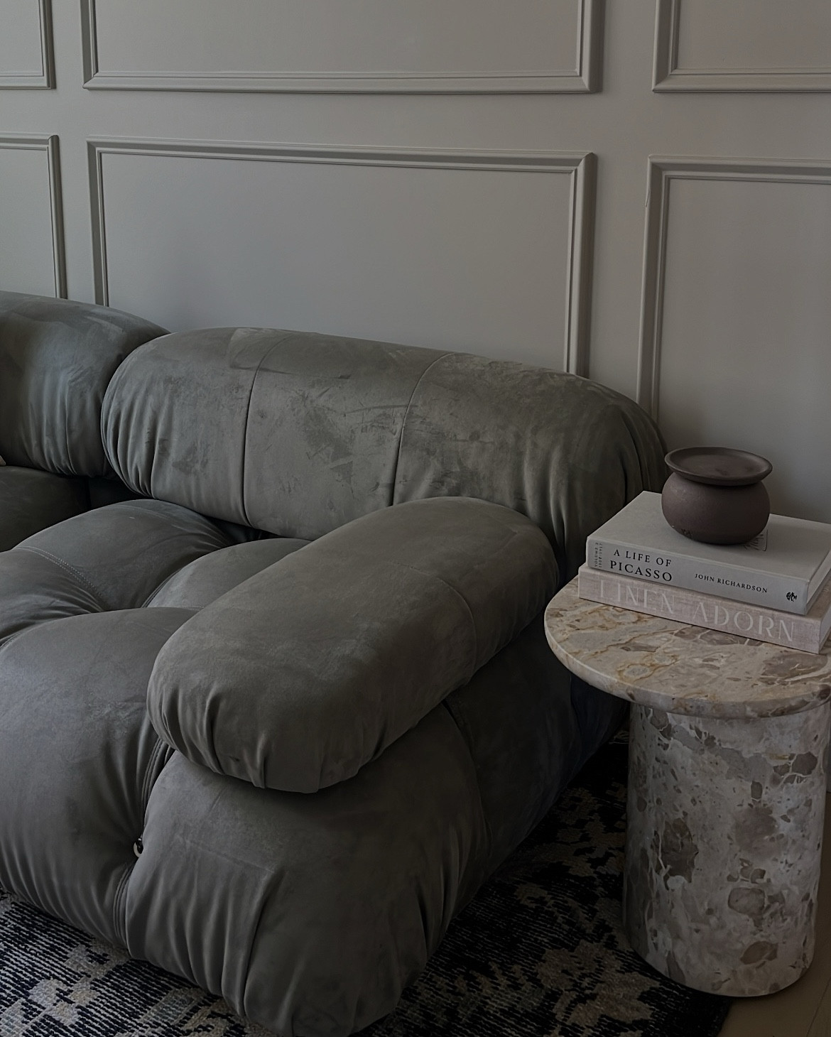 My studio room aka ‘Blus lounge’  in progress!!! 🤎🤪 The marble side table is not linkable but is from Banana Republic Home and called Bristol Oval side table. Our couch is the color suede sage #home #decor #moody 

#LTKHome #LTKSeasonal