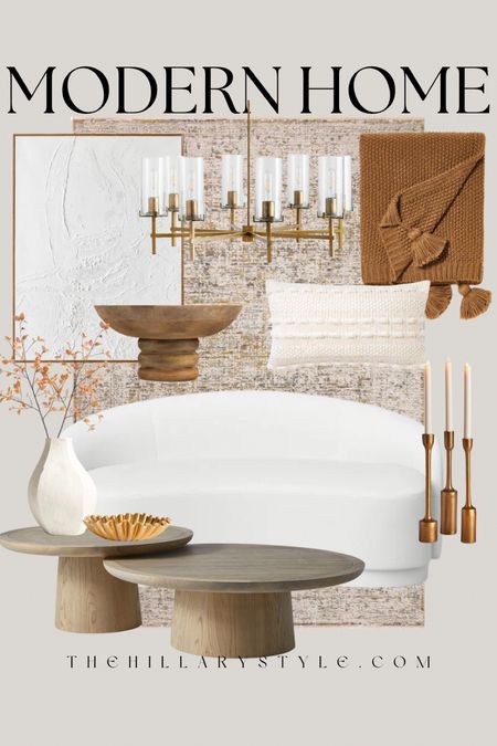Modern Home: Boucle curved sofa, white couch, wood coffee table set, nesting coffee tables, area rug, white frames art, footed wood bowl, knit throw blanket, textured lumbar pillow, gold candle holder set, gold chandelier, white ceramic vase, fall stems, gold ruffle bowl. Target, Williams Sonoma, CB2, Wayfair, Pottery Barn, Crate & Barrel.

#LTKSeasonal #LTKhome