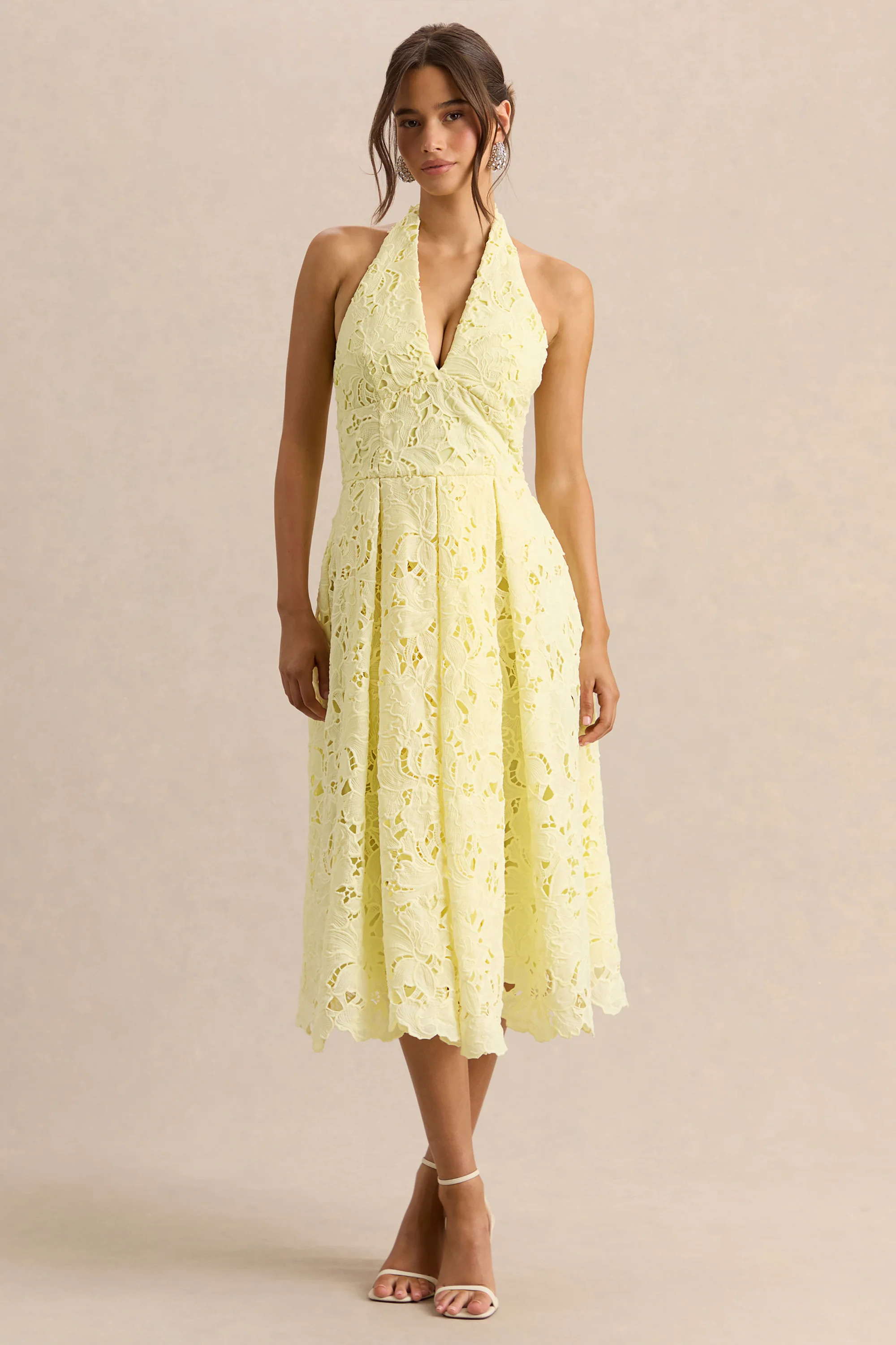 Maribel | Lemon Lace Plunge-Neck Midi Dress | Club L London