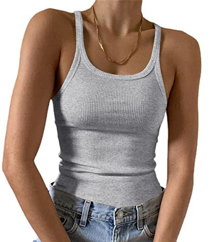 Artfish Women's Sleeveless Full Tank Top Form Fitting Scoop Neck Ribbed Knit Basic Tight Fitted Cami Heather Grey XS | Amazon (US)