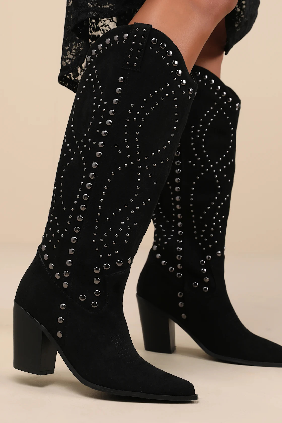 Mallerie Black Suede Studded Knee-High Western Boots | Lulus