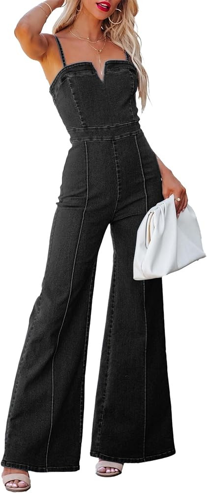 xxxiticat Women's Denim Jumpsuit Sleeveless Spaghetti Straps V-Neck Zipper Wide Leg Flare One Pie... | Amazon (US)