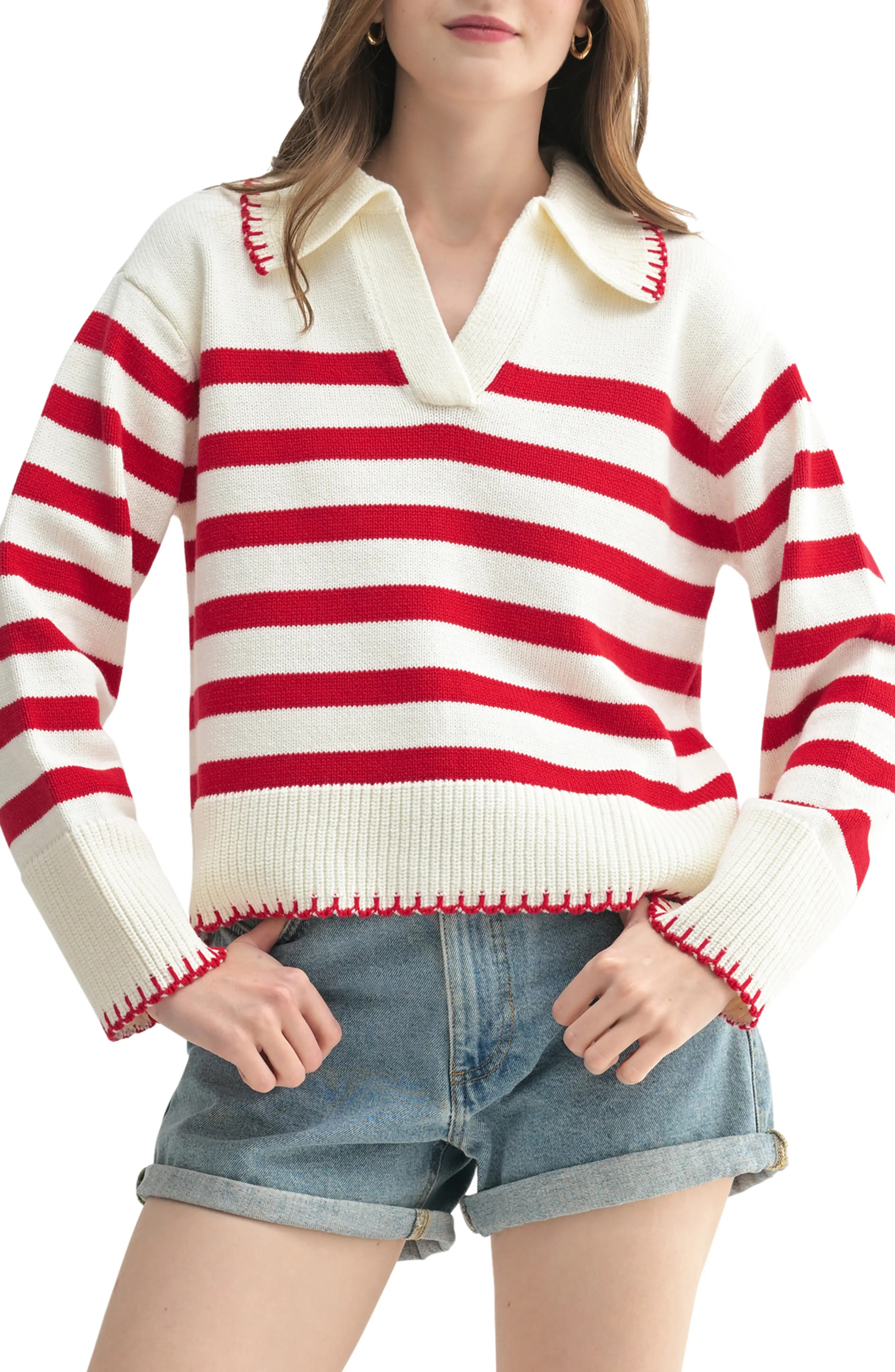 Stripe Johnny Collar Sweater (Women) | Nordstrom | Nordstrom