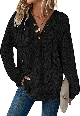 Hoodies for Women Waffle Knit V Neck Oversized Sweatshirt Button Down Drawstring Hooded Pullover ... | Amazon (US)