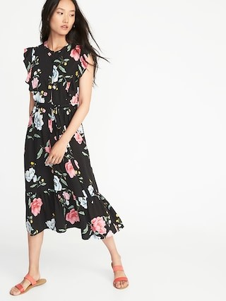 Old Navy Womens Ruffle-Trim Tie-Belt Shirt Dress For Women Black Floral Size L | Old Navy US