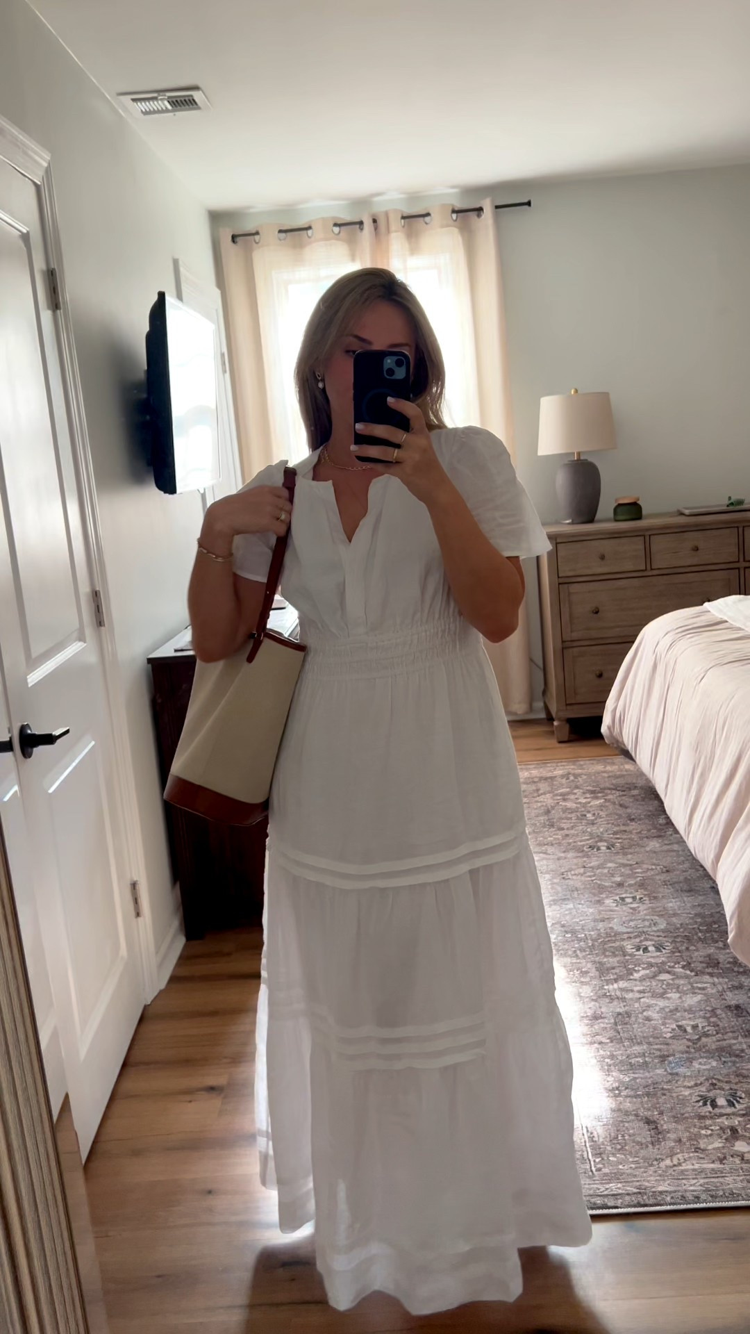 easy and beautiful linen for a date night! comes in poplin-  such a good dupe of the Anthropologie somerset dress! Plus it is FULLY lined! Size medium, my normal size.

Linen dress, lwd, little white dress, date night outfit, vacation outfit, canvas bag, dainty gold jewelry, easy date night idea, easy outfits work outfits, teacher outfit, professional dresss
