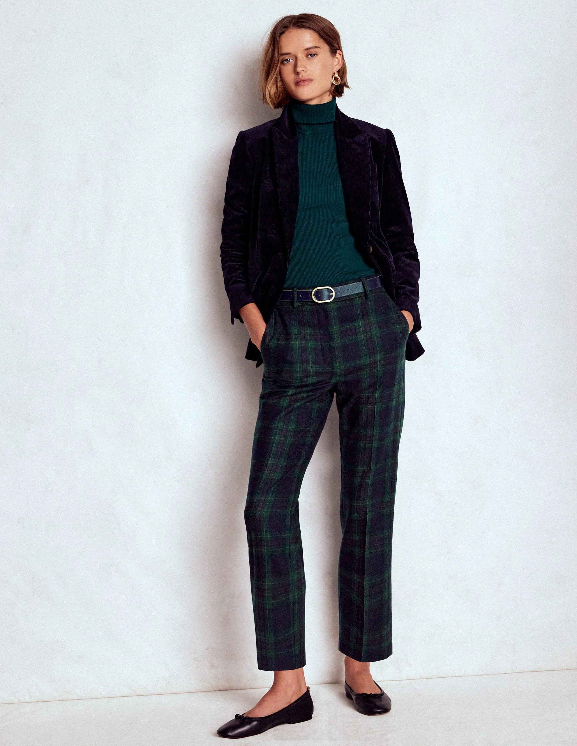 Canonbury Wool Trousers-Navy and Green Tonal Check | Boden UK
