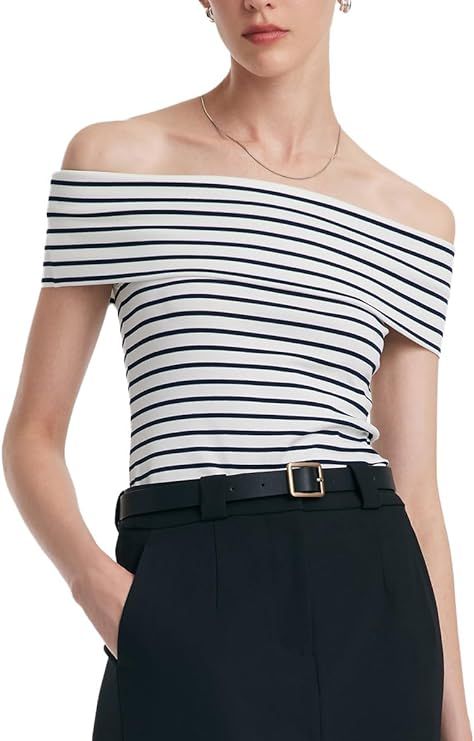 Women's Off Shoulder Short Sleeve Blue Stripe Knit T Shirt 2024 Dressy White Slim Fit Business Ca... | Amazon (US)