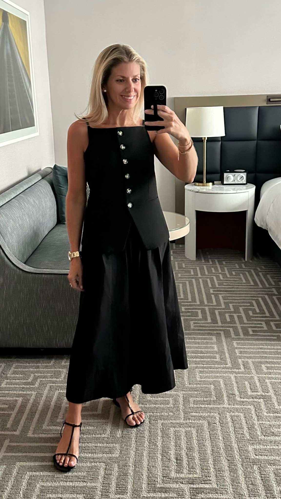 Transitional fall work outfit. Can mix and match these separately for so many different outfits!
Christian Lacroix vest is linked on EBay & Poshmark has a few sizes. Size down. I’m wearing a 2. Bloomingdale’s version is only $41!
The sandals I’m wearing are linked in silver but sold out in black. I linked a heel version I have that are SO comfortable!

Black cotton poplin skirt
Button vest
Crepe
Flat sandals
Heels
Kitten heel
Diamond studs earrings
Fine jewelry
Gold diamond bracelet 

#LTKWorkwear #LTKStyleTip #LTKFindsUnder50