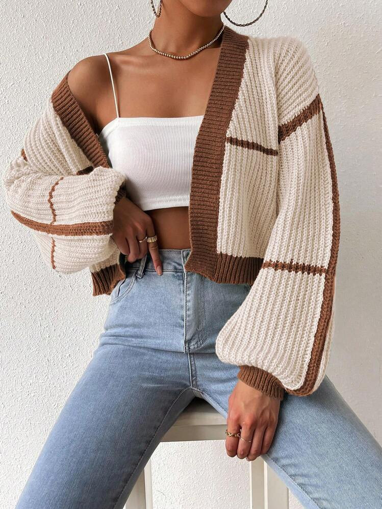 SHEIN MOOSTA Contrast Trim Lantern Sleeve Duster Cardigan,Long Sleeve Tops | SHEIN