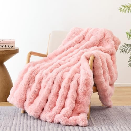 Smoofy Faux Fur Blanket Rabbit Fleece - Blush Pink Fluffy Blanket for Sofa, Cozy Soft Plush Throw Blanket for Couch Bed, Luxury Thick Fuzzy Couch Blanket for Winter, Comfy Bubble Blanket - 60" x 80" | Amazon (US)