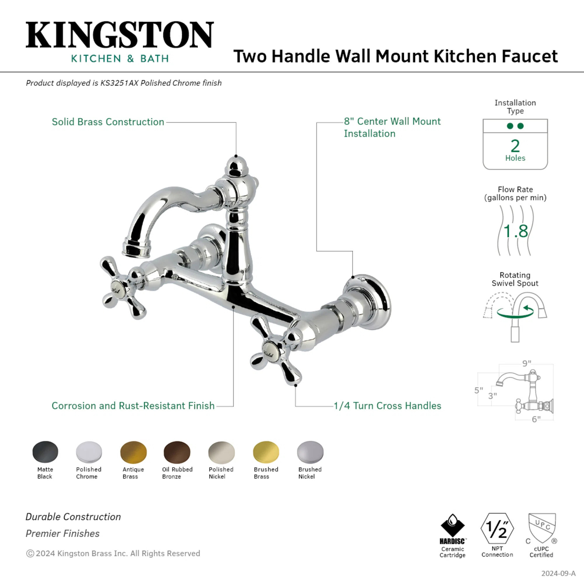 Kingston Brass Vintage Double-Handle 2-Hole Wall-Mount Bridge Kitchen Faucet | Wayfair North America