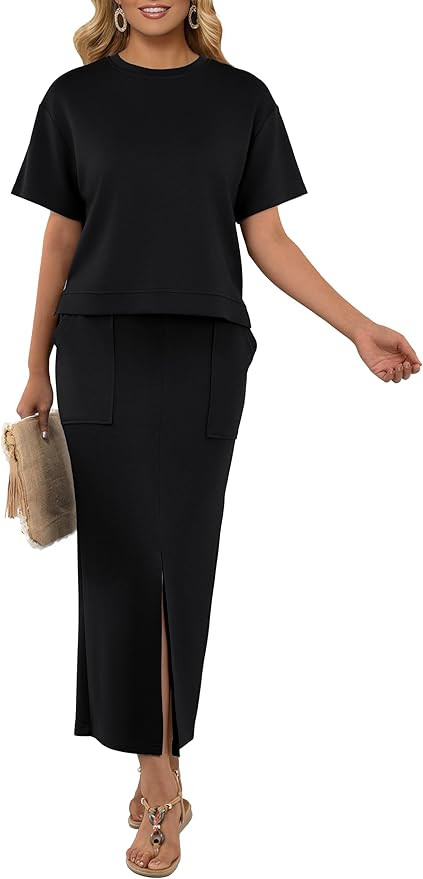 GRECERELLE Women Summer Casual 2 Piece Sets Crew-Neck Wrinkle-Free Top & Elastic Waist Maxi Front... | Amazon (US)