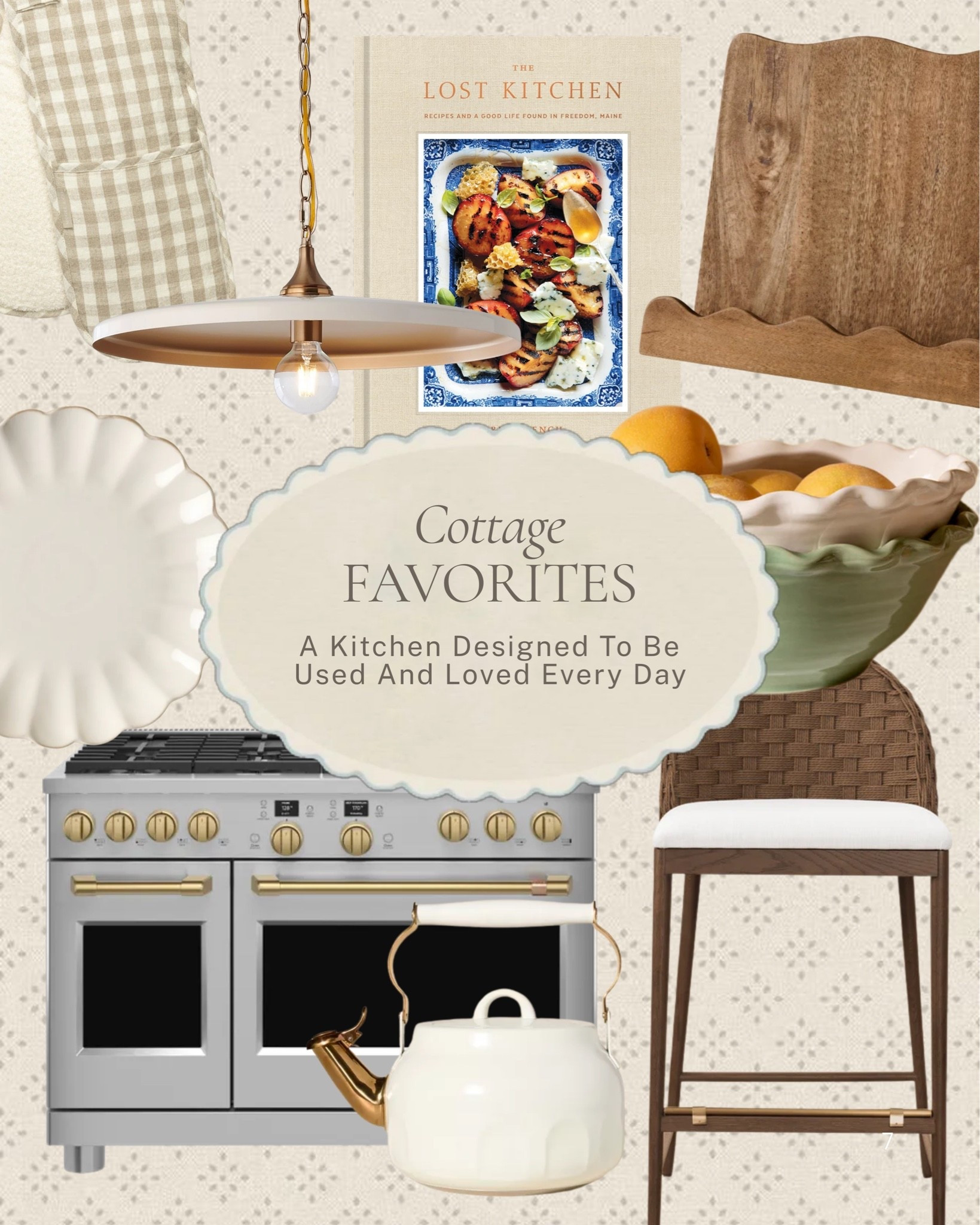 The kitchen that makes you actually want to cook ✨ 

A stainless and brass double range, a brass disc pendant, a scalloped ceramic plate, a white and gold kettle, a scalloped fruit bowl, a wood cutting board, a woven counter stool, and the kind of details that make a kitchen feel warm and completely at home. 

All linked here 🤍 

#LTKhome