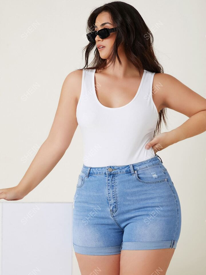 SHEIN Frenchy Plus High Waist Ripped Denim Shorts | SHEIN
