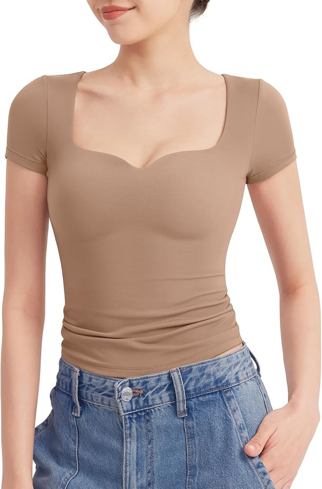 PUMIEY Women's Tops Sweetheart Neck Short Sleeve Going Out Top Cute T Shirts Slim Fitted Sexy Tee... | Amazon (US)