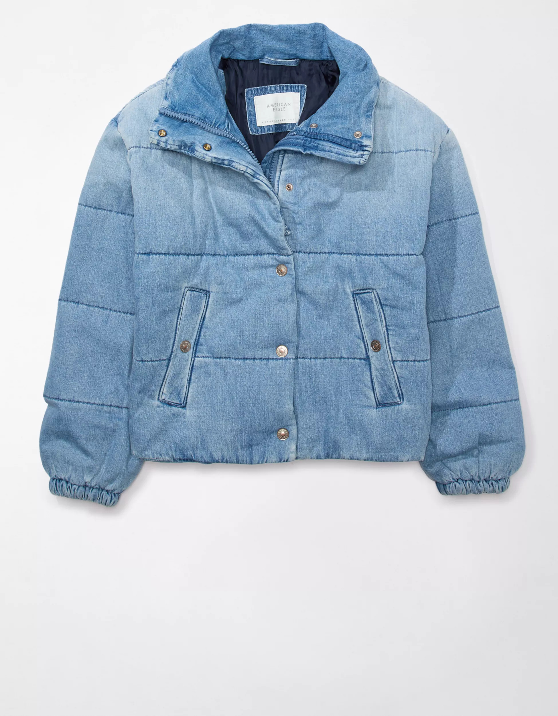 AE Denim Cropped Bomber Puffer Jacket | American Eagle Outfitters (US & CA)