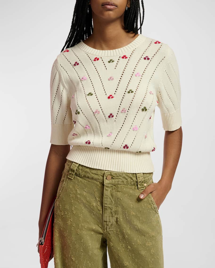 Essentiel Antwerp Fare Embroidered Pointelle-Knit Organic Cotton Short-Sleeve Sweater | Neiman Marcus