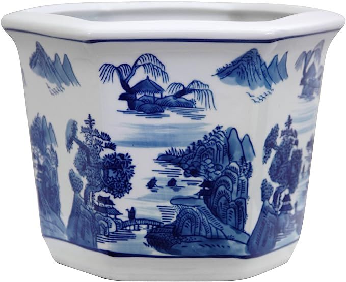 Oriental Furniture 10" Landscape Blue & White Porcelain Flower Pot | Amazon (US)