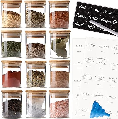 Stylvio 12 6oz Glass Spice Jars with Airtight Natural Bamboo Lids Set, 12 Seasoning Jars with 95 ... | Amazon (US)