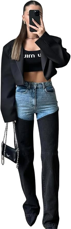 PIRAL Women's Bicolor Chap Jeans – High-Rise Straight Fit, Two-Toned Denim (Blue/Black), 100% C... | Amazon (US)