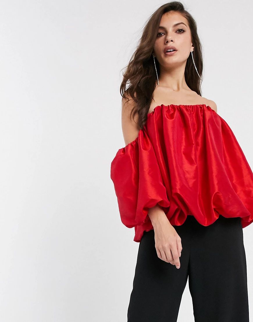 ASOS DESIGN taffeta off shoulder top with bubble sleeve-Red | ASOS (Global)