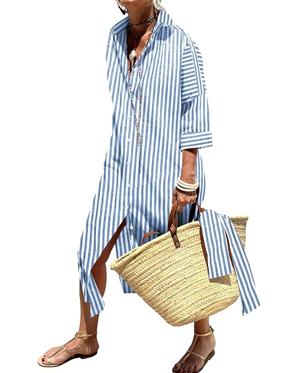 Womens Shirt Dresses Striped Lapel 3/4 Sleeve Maxi Dress Button Down Split Belted | Amazon (US)