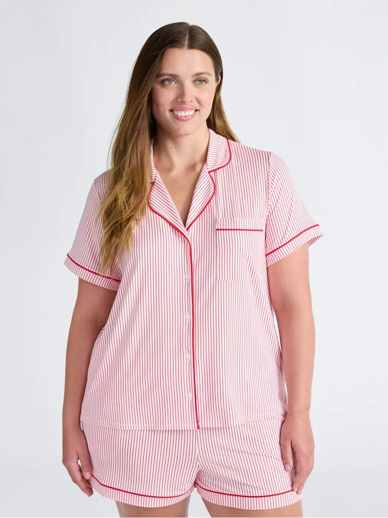 Joyspun Women’s Dreamy Soft Collection Notch Collar Knit Top and Boxer Shorts Pajama Set, Sizes... | Walmart (US)