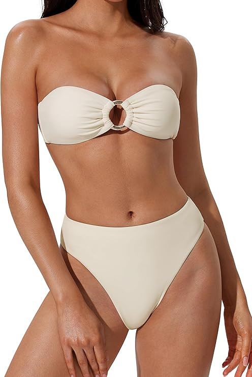 SUUKSESS Women Bandeau O Ring Bikini Sets Tie Back High Waisted 2 Piece Swimsuit | Amazon (US)