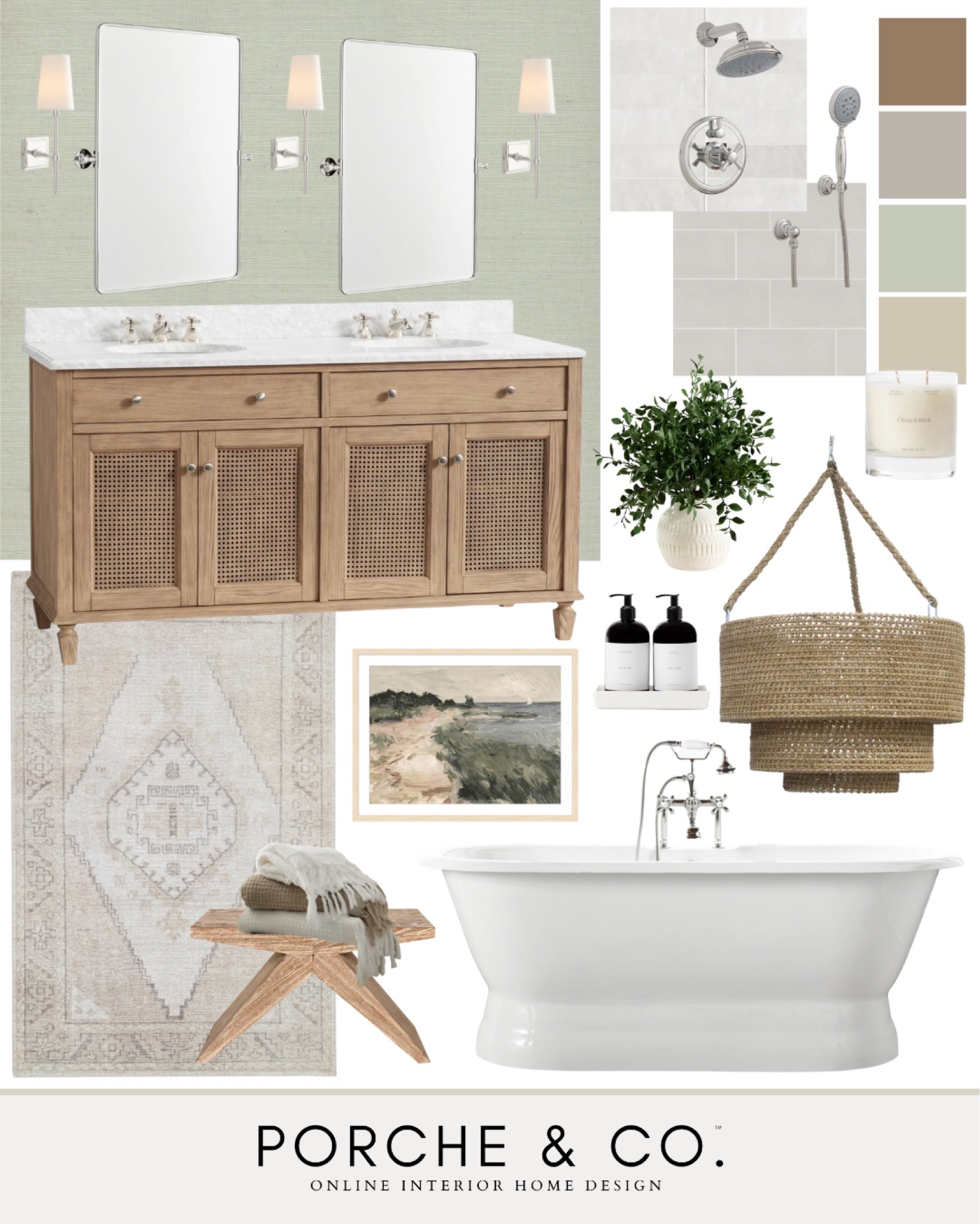 Bathroom design, bathroom mood board, mood board, master bathroom, bathroom tile, bathroom vanity, bathtub, rug, stool, chandelier #bathroom #moodboard 

#LTKhome #LTKSeasonal #LTKstyletip