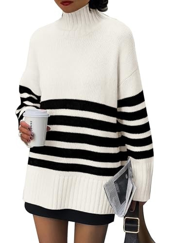 PRETTYGARDEN Women's Oversized Striped Sweaters Fall Casual Long Sleeve Turtleneck Pullover Chunky Knit Jumper Tops (Beige White,X-Large) | Amazon (US)