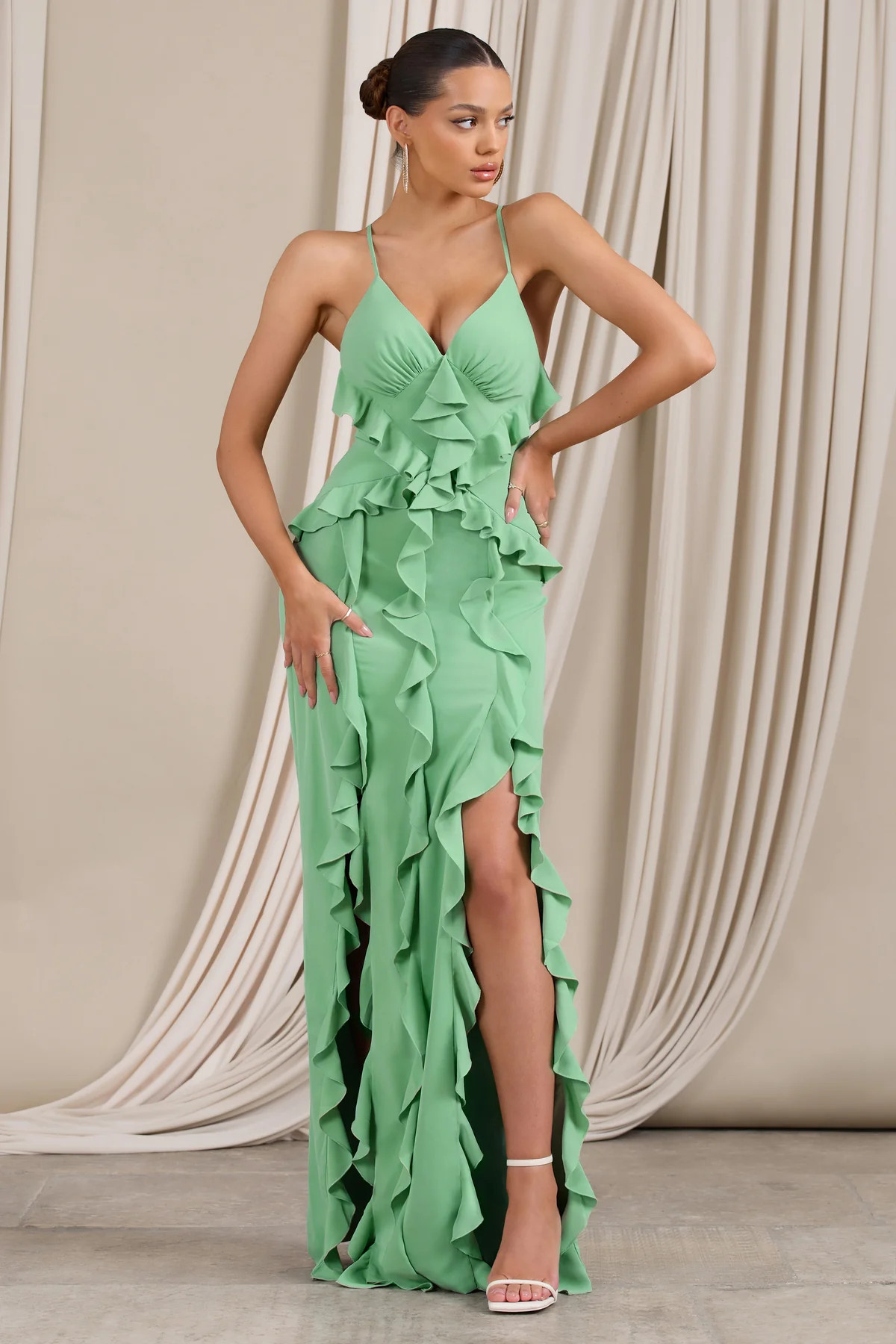Syrah | Mint Green Chiffon Ruffle Cami Maxi Dress | Club L London