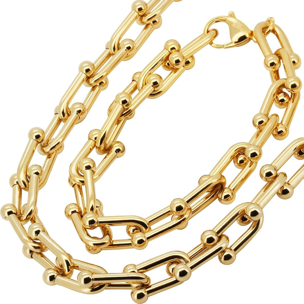 316L Stainless Steel 18k Yellow Gold Plated 10mm Horseshoe Graduated Link Chain Necklace Bracelet... | Amazon (US)