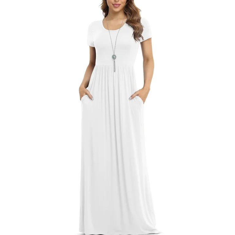 Asklazy Women's Short Sleeve Loose Plain Maxi Dresses Casual Long Dresses with Pockets,US Size,Wh... | Walmart (US)