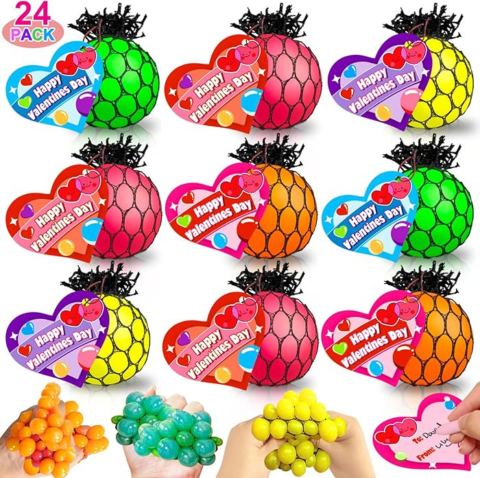 24 Pack Valentines Day Gifts for Kids Teens School, Fidget Stress Balls with Cards Heart Stress R... | Amazon (US)