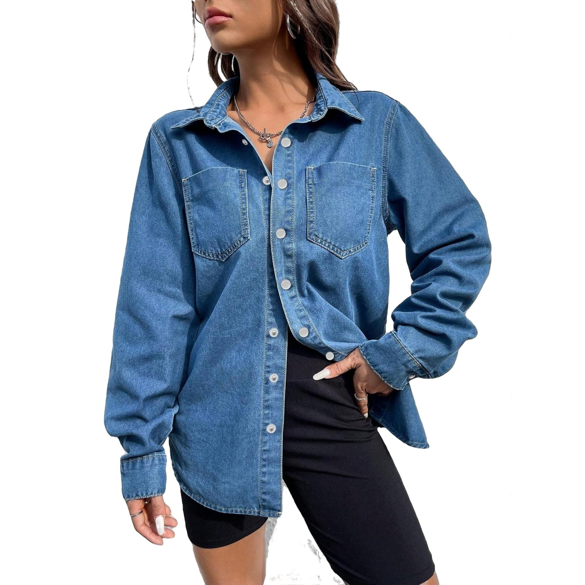 Women's Casual Plain Shirt Collar Medium Wash Long Sleeve Denim Tops S (4) | Walmart (US)